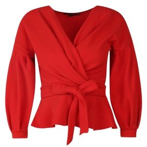 Boohoo Red Wrap Blouse Going Out Top with Tie